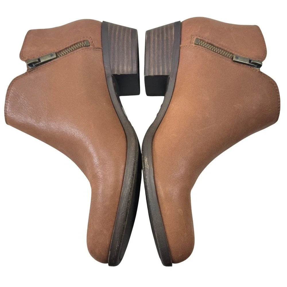 Lucky Brand Burklee Ankle Boots Women 9.5 Cognac Leather Side Zip Western Casual